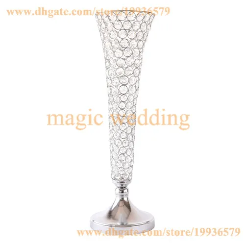 Véritable cristal perlé Metel trompette fleur Stands Vases en or argenté pour la décoration de table de pièce maîtresse de mariage