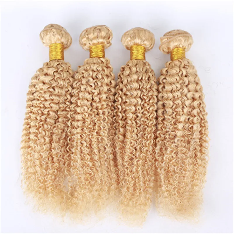 Top Grade Peruvian Blonde Human Hair Kinky Curly Pure #613 Golden Blonde Virgin Remy Human Hair Weave Bundles Curly Double Wefts