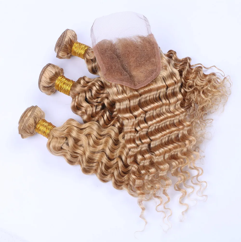 27 Honey Blonde Hair Deep Curly Lace Closure 44 Brazilian Deep Wave Human Hair Lace Closure Bleached Knots With Baby Hair7115854