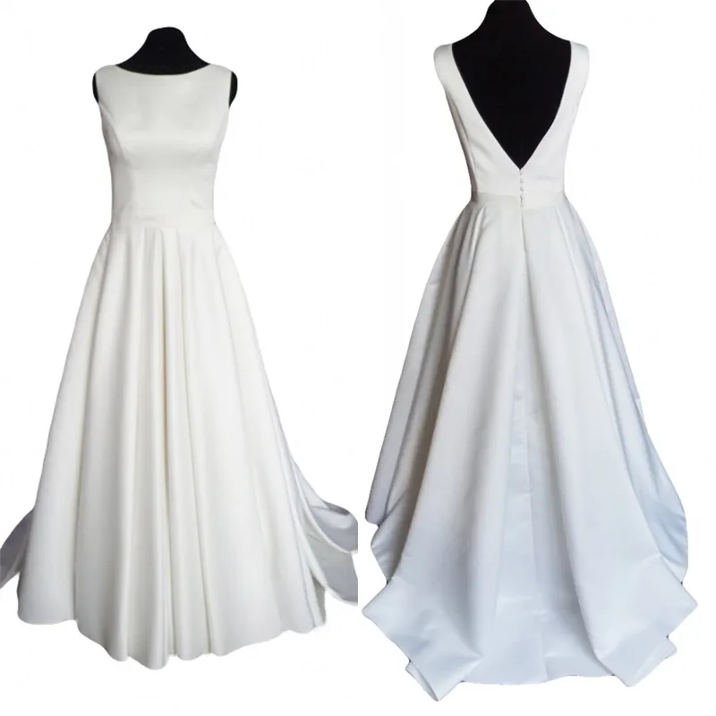 Modernes, schlichtes Satin-Brautkleid mit offenem Rücken, Hofschleppe, gerüschten U-Ausschnitt, hochwertige, maßgeschneiderte weiße Brautkleider aus China