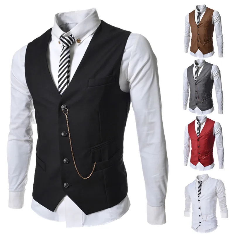 Men Business Vests Formal Men's Waistcoat Fashion Groom Tuxedos Wear Bridegroom Vests Casual Slim Vest Custom Made With Chain