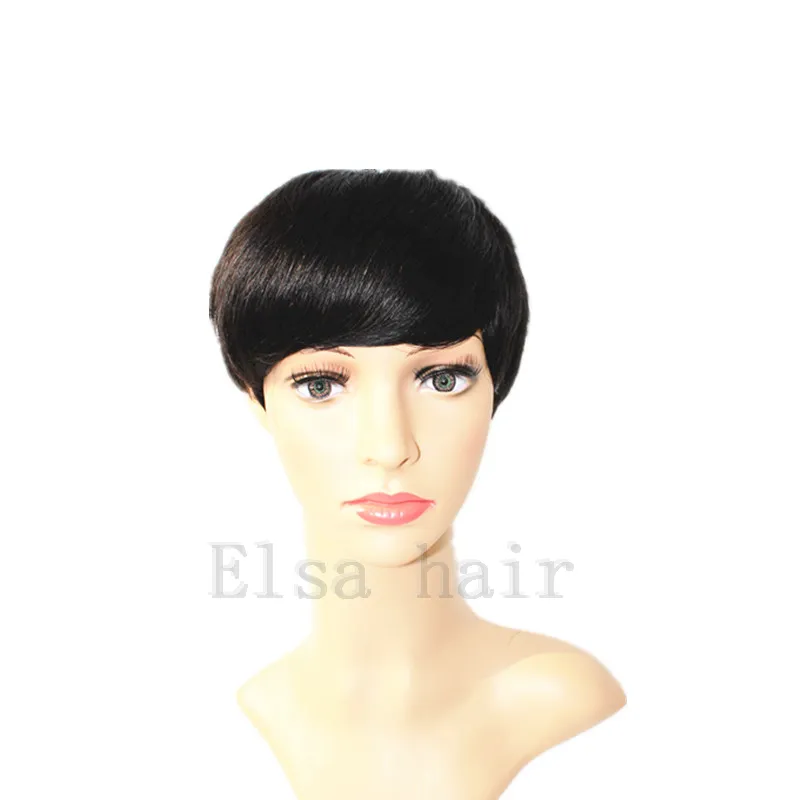 Court pas cher coupe de lutin humain naturel noir cheveux sans colle pleine perruque pour les femmes noires humain noir cheveux coupe courte Wigs6237580