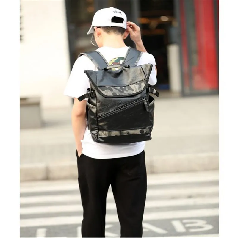 Nowy męski PU Skórzany plecak Czarny Codzienny Plecak Duża Pojemność Cool Kamuflaż Mężczyźni PU Skórzany Plecak Torba Laptopa OUT303