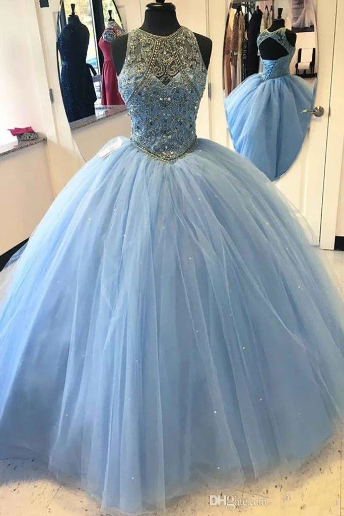 라이트 블루 공 가운 Quinceanera Dresses 2019 달콤한 16 가운 섹시 할로우 비드 스팽글 얇은 명주 그물 공식 특별 행사 드레스