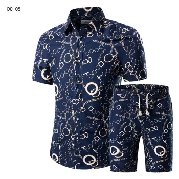 Men Shirts+Shorts Set New Summer Casual Printed Hawaiian Shirt Homme Short Male Printing Dress Suit Sets Plus Size