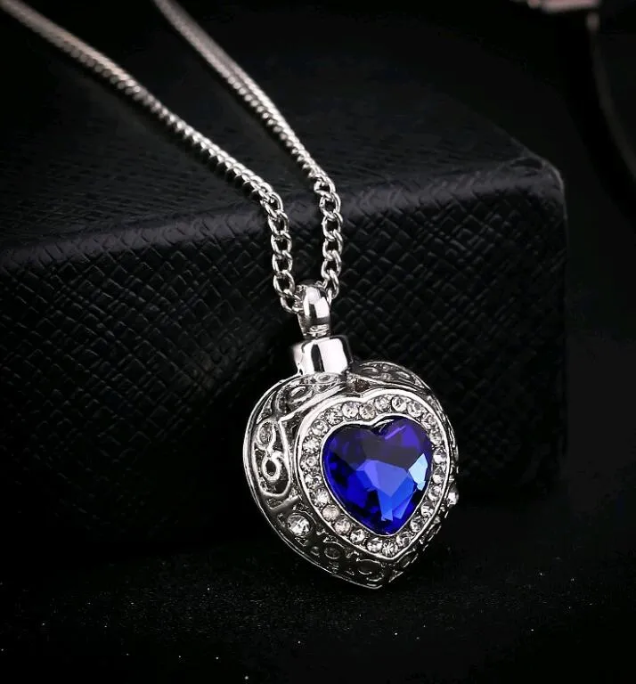 Blue Gem Urn Locket Heart Pendant Necklace Crystal Ocean Love Hearts Ashes Cremation Jewelry