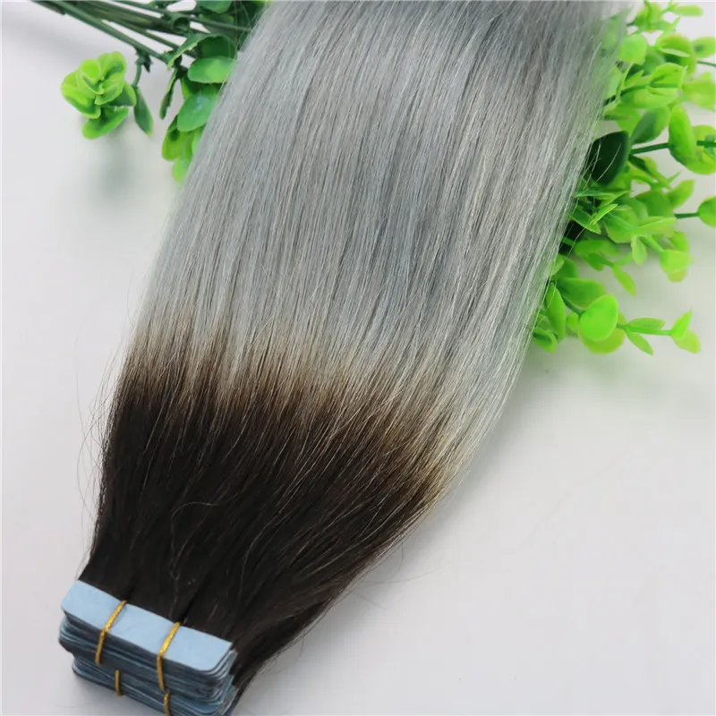 Tape In Human Hair Extensions Ombre Hair Two Tone Colored 1b Grey Silver Gray Glueless 100gram Brazilian Virgin Hair Skin Weft