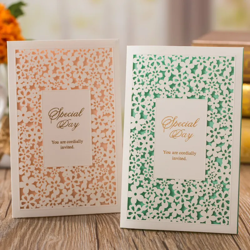 Bröllop inbjudningar setslaser cut bröllop inbjudningar kort inbjudningskort kuvert sälar klistermärken för dusch firande födelsedagsfest