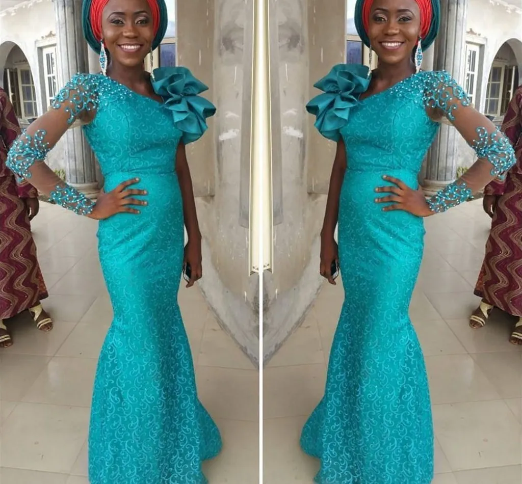 Turquoise Long Aso EBI Avondjurken met een lange mouwen Beaded Red Carpet Jurken met grote schouderbloemen op maat gemaakte feestjurken