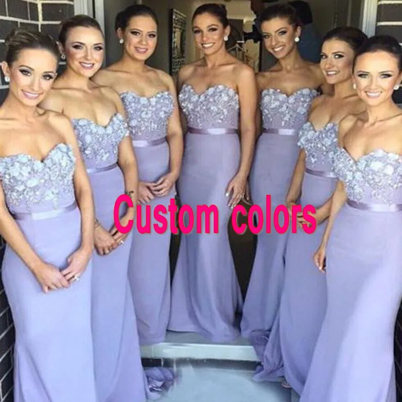 Elegante Alfazema Custom Made Damas de Honra Vestidos Longos Dama de Honra Vestidos Querida Strapless Frisado Flores Appliqued Vestidos de Festa de Casamento