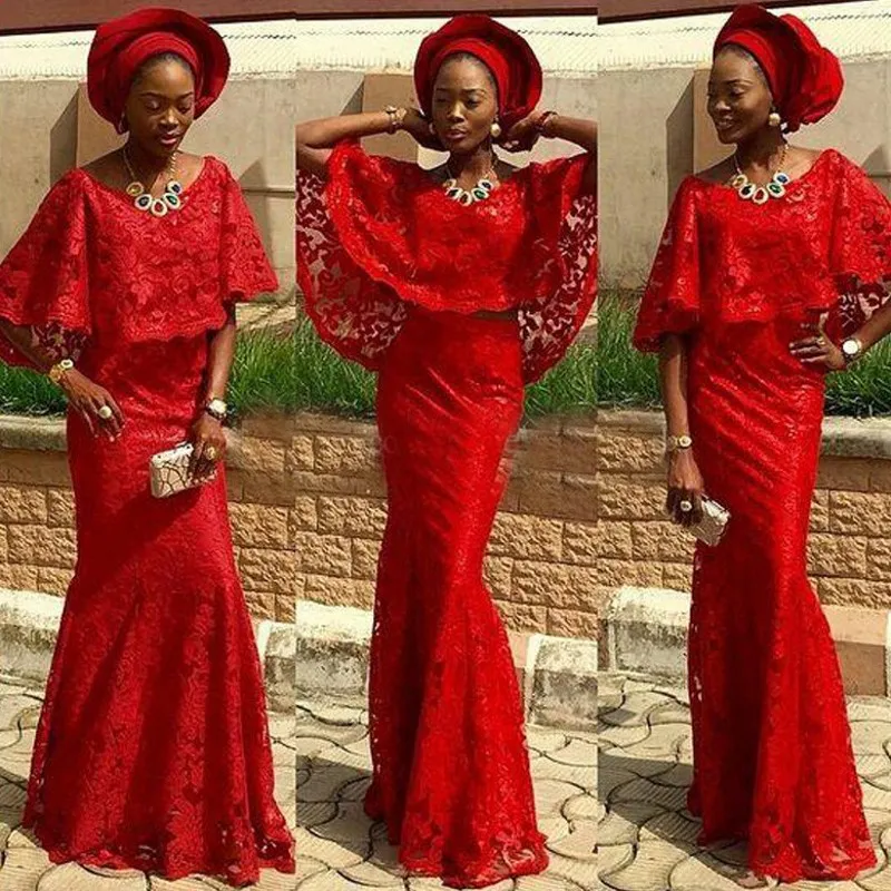 Rouge Dentelle Sirène Robes De Bal Sud-Africain Wraps Style Femmes Robes De Soirée Etage Longueur Fermeture Éclair Dos Arabe Robe De Soirée Formelle