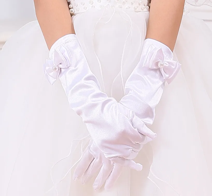 Guanti senza dita invernali bambini bianchi con fiocco da sposa Guanti da sposa in raso di perle di pizzo Accessori da sposa ragazze di fiori da principessa