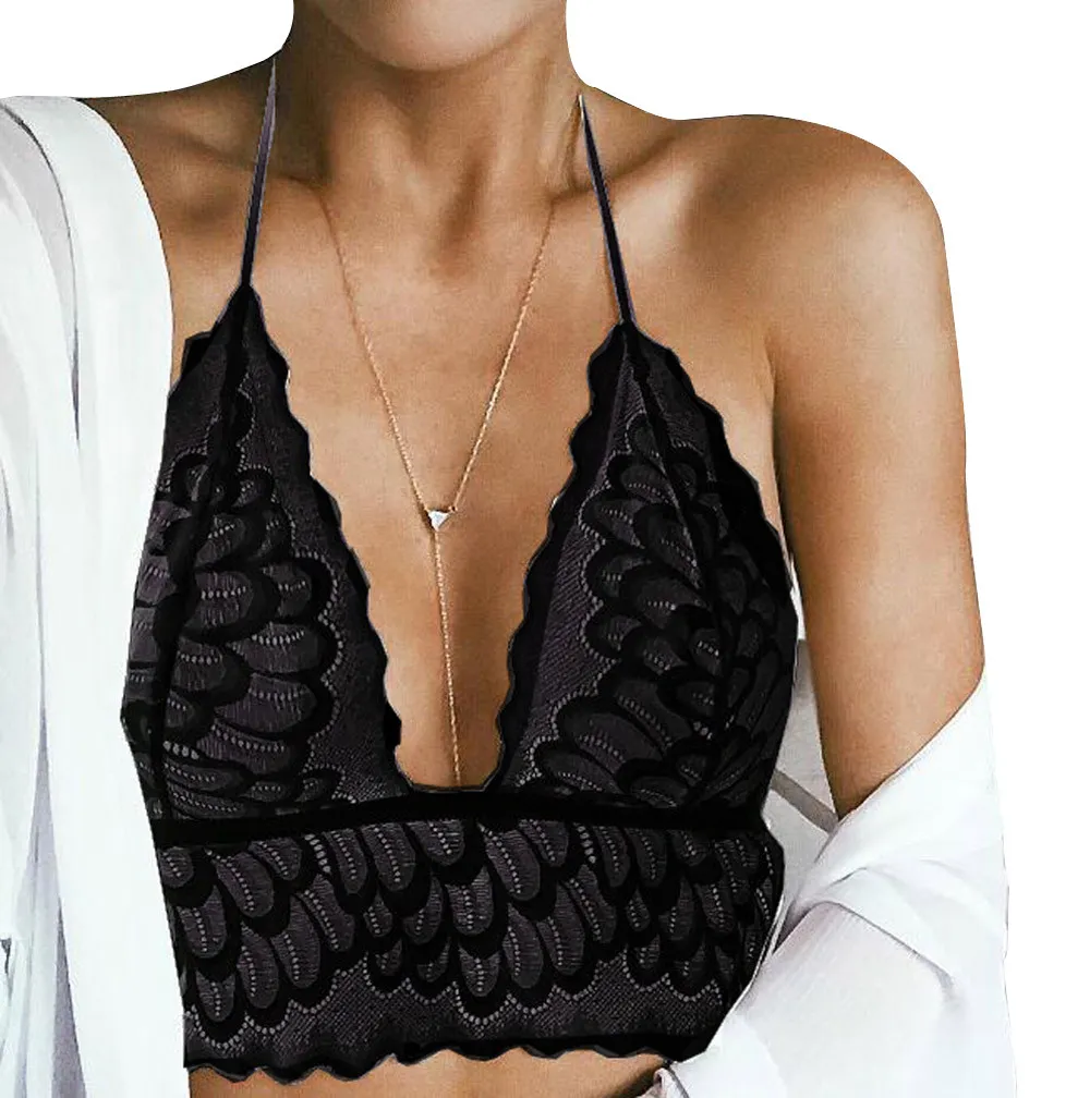 Womens Black Translucent Underwear Tops Hollow Bra Lace Lingerie