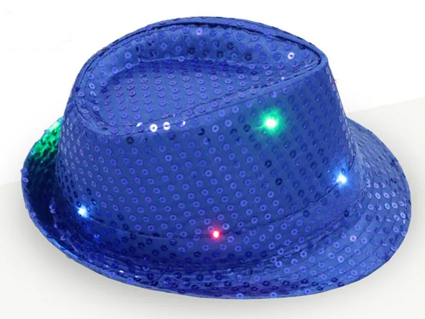 i LED cappelli jazz lampeggianti illuminati led Fedora Trilby paillettes cappellini fantasia cappelli da ballo cappelli unisex lampada hip-hop cappello luminoso