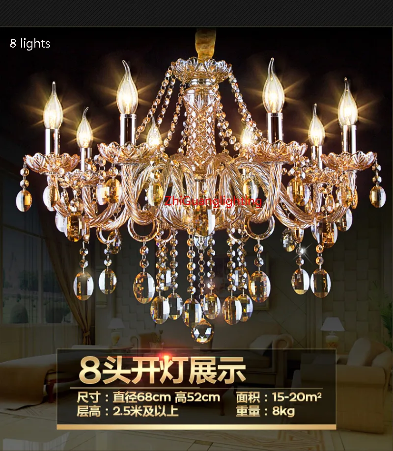 Vintage Cognac Crystal Chandelier Luster Retro Home Lighting Chandeliers Fabric Lampshade Living Room Villa Hotel Hanging Lights