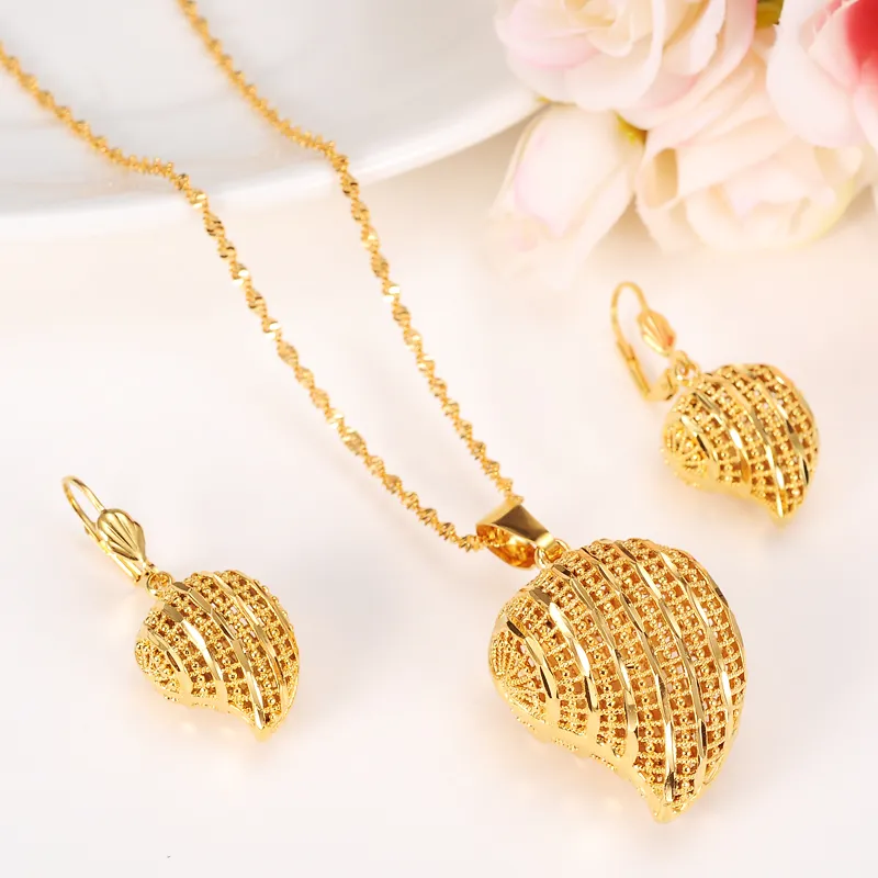 Conjuntos de joyas con colgante de corazón, collares clásicos, conjunto de pendientes, oro fino amarillo sólido de 24 k, dote de novia de boda de África árabe GF