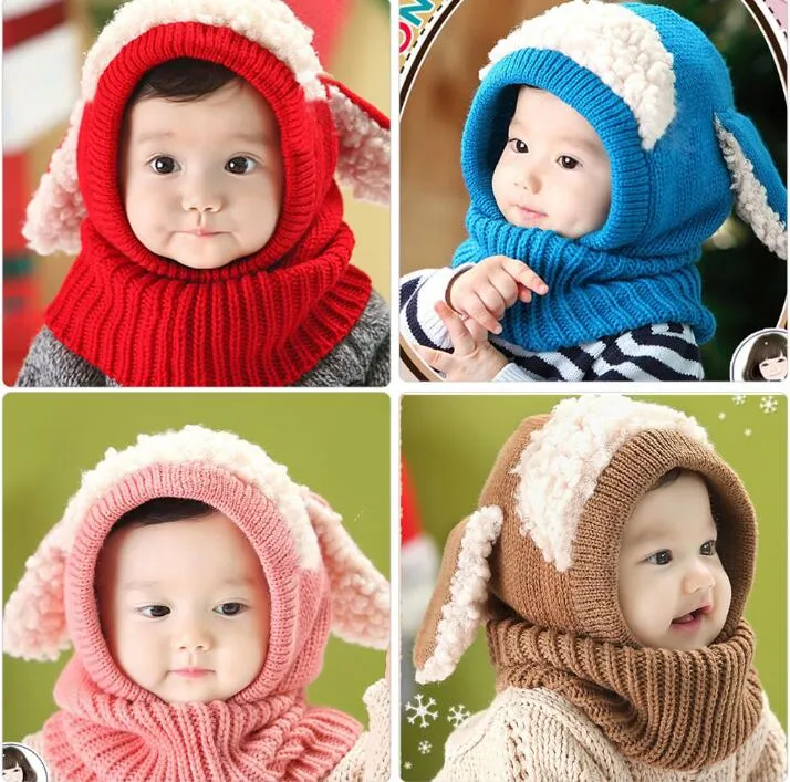 Cute Baby Rabbit Ears Knitted Hat Infant Toddler Winter Warm Hat Beanies Cap with Hooded Scarf Earflap baby Kid Hat