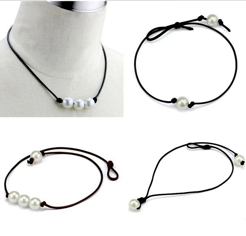 Handmade Single Pearl Leather Choker Necklace on Genuine Black Brown Leather Cord For Women Fashion Imitation Natural Freshwater Pearl