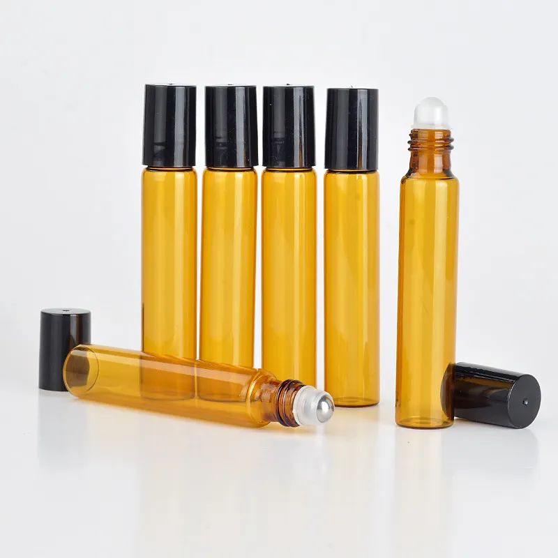 Parfymflaskor Refillerbar Amber 10ml Roll On Fragrance Glasflaskor Essential Oljeflaska Stål Metall Roller Ball B702