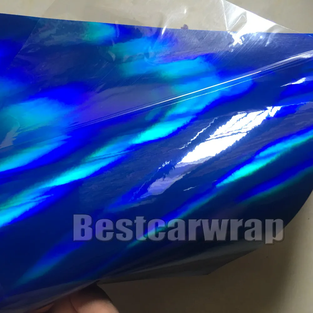 Blauwe Chrome Holografische Vinyl Wraps voor Auto Wrap Covers With Air Bubble Free Rainbow Chameleon Chrome Covering Coating 1.52x20m / Roll 5X67FT