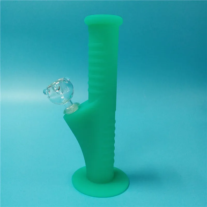 Glow In Dark Green Mini Bong per acqua in silicone Dieci colori con tubi per acqua in vetro da 14 mm Bong infrangibili Tubi per gorgogliamento