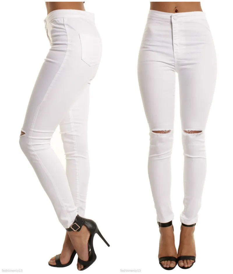 Zomer stijl zak en gat gescheurd jeans vrouwen jeggings cool denim hoge taille broek Caprip vrouwelijke magere zwarte casual met 3 kleuren