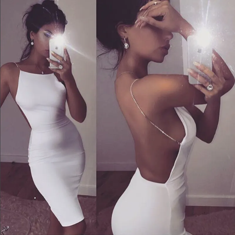 Sexig bodycon backless klänning med slash neck sequin kedja knä längd färg solid svart vit sommar