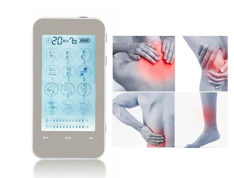 Terapia a impulsi elettrici con touch screen LCD a 2 canali TENS EMS Massaggiatore, 12 modalità Elettronico digitale Mini stimolatore di terapia magnetica agopuntura