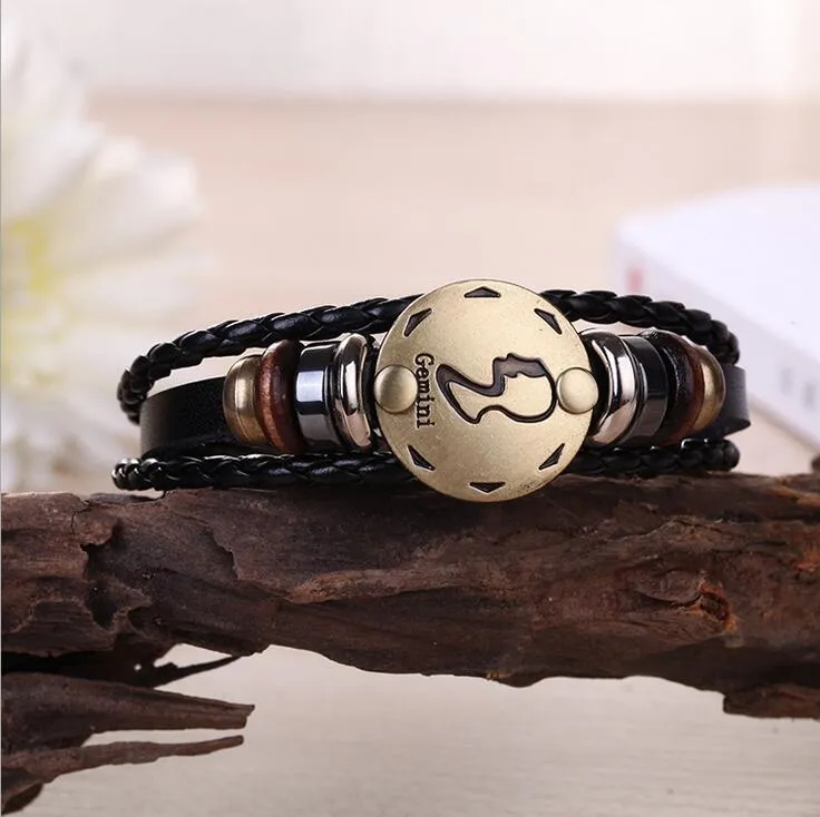 Twelve Constellations Weave Adjustable Leather Popular Male Female Student Couple Bracelet FB010 a Beaded, Strands