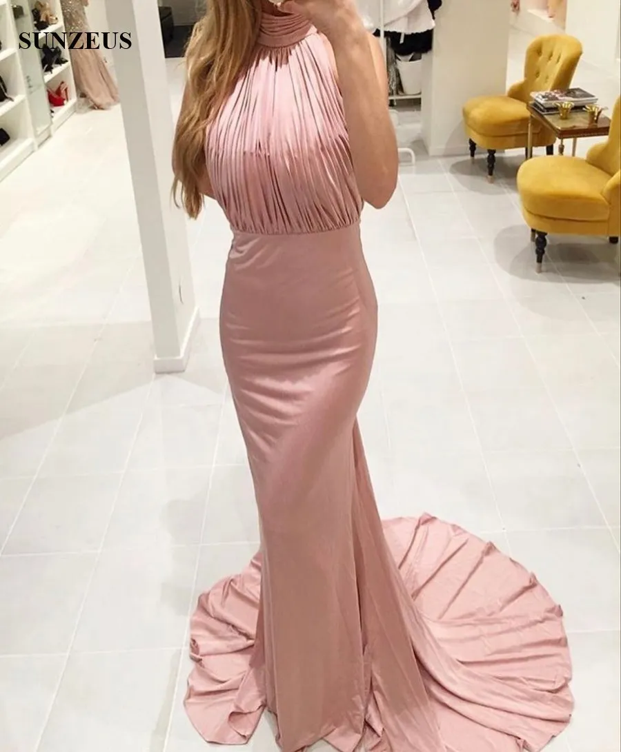 Gaine ajustée rose longues robes de bal robes de soirée sans manches col haut plissée haut balayage train jupe spéciale robe