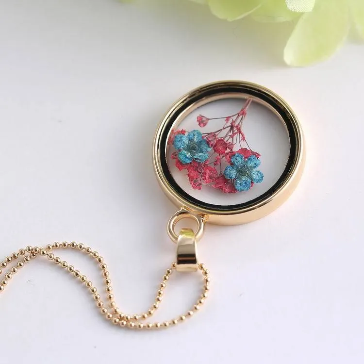 High quality Pendant necklaces creative plant specimen round dried flower crystal pendant necklace can not be opened floating locket