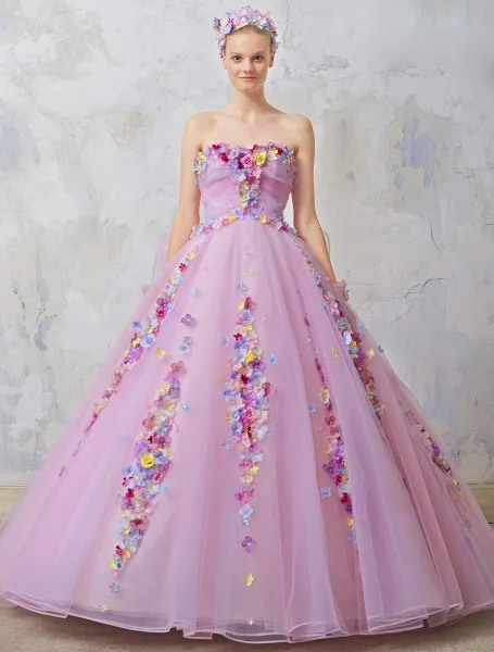 Roze 3D-applique baljurk Quinceanera jurken strapless nek met afneembare riemen kralen prom jurken tule veter-up rug zoete 16 jurk