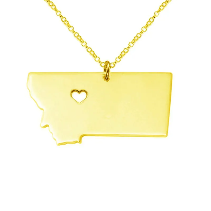 Montana Map Stainless Steel Pendant Necklace with Love Heart USA State MT Geography Map Necklaces Jewelry for Women and Men