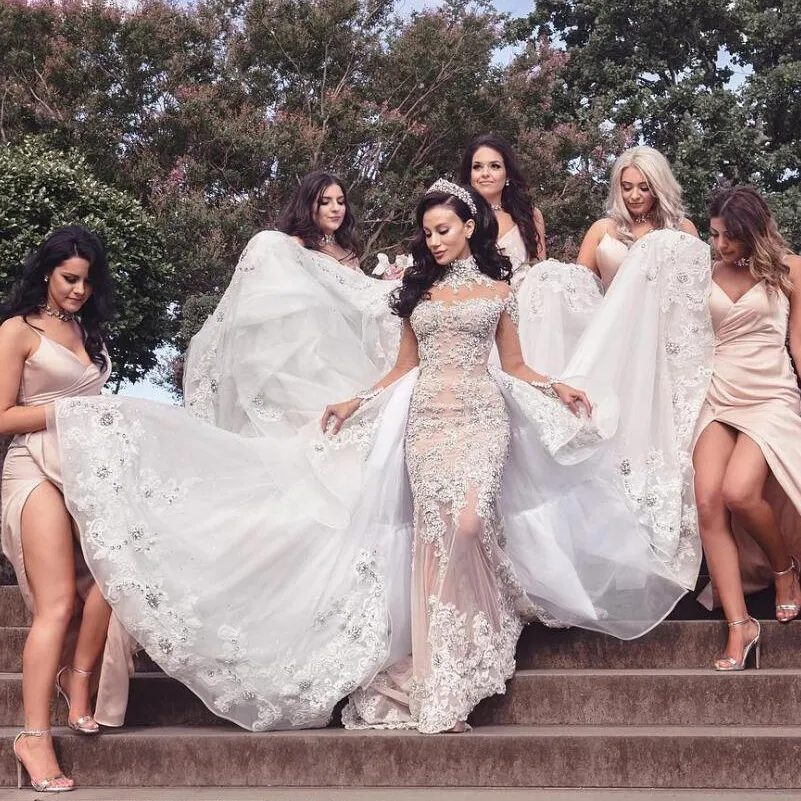 Gorgeous Rhinestones Regal Wedding Gowns With Detachable Over-skirt High Neck Long Sleeve Wedding Dresses 2017 Stunning Mermaid Bridal Dress