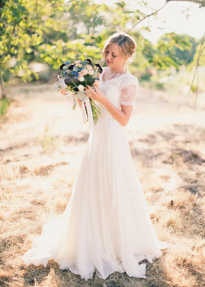 A-Line Chiffon Lace Wedding Dress with Short Sleeves and V-Neck for Garden  Weddings from Dhgate A-Line Wedding Dresses