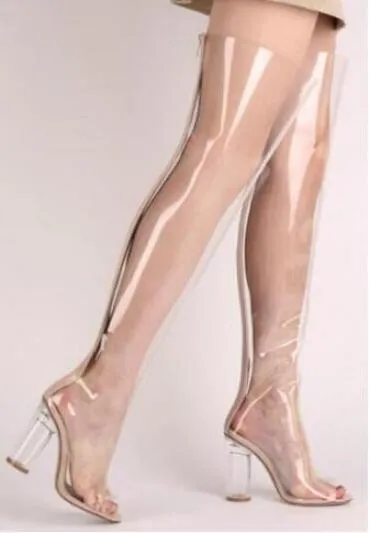 New Collections Clear PVC Over The Knee Pointed Toe Women Boots Transparent High Heels Gladiator Thigh High Boots Celebrity Shoes