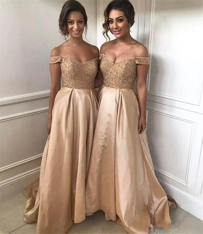2019 Złote Druhna Dresses Off The Ramię Koraliki Crystal Sweep Pociąg Satyna Backless Plus Size Wedding Goście Gościnne Pokojówka Sukienka Honor
