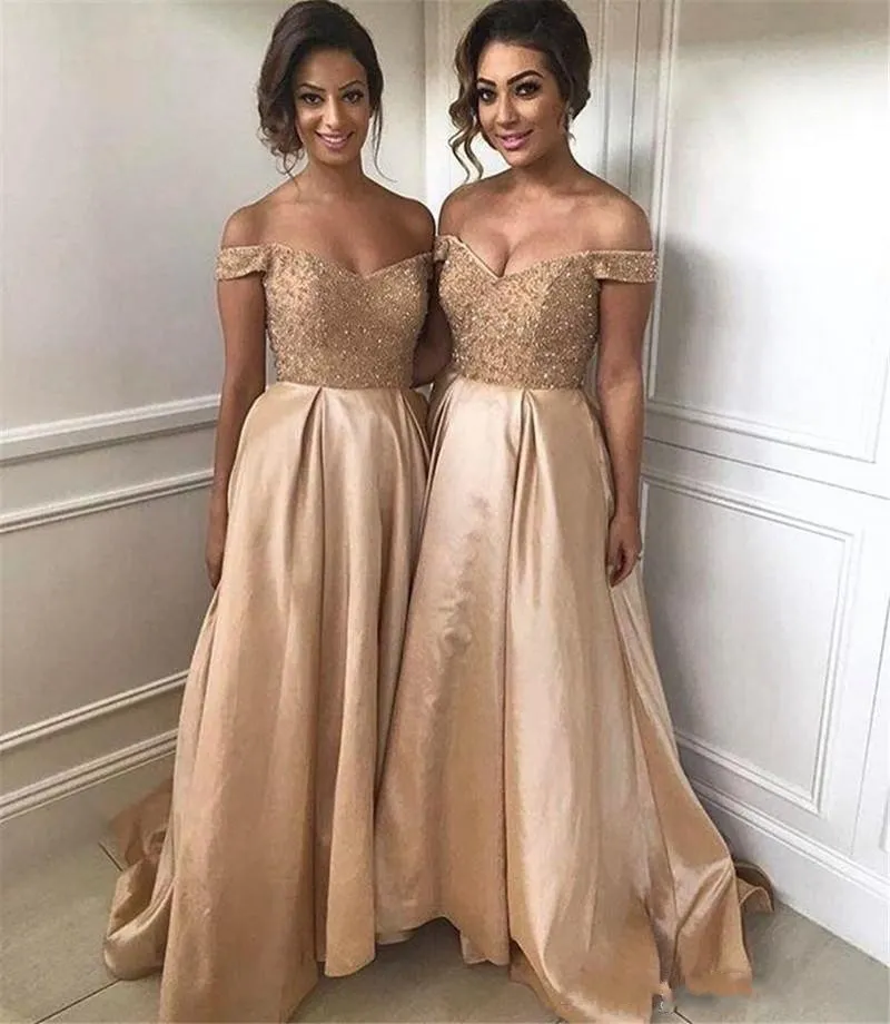 2019 Gouden Bruidsmeisje Jurken Off The Shoulder Beads Crystal Sweep Train Satin Backless Plus Size Bruiloft Gastenjurken Maid of Honour Jurk