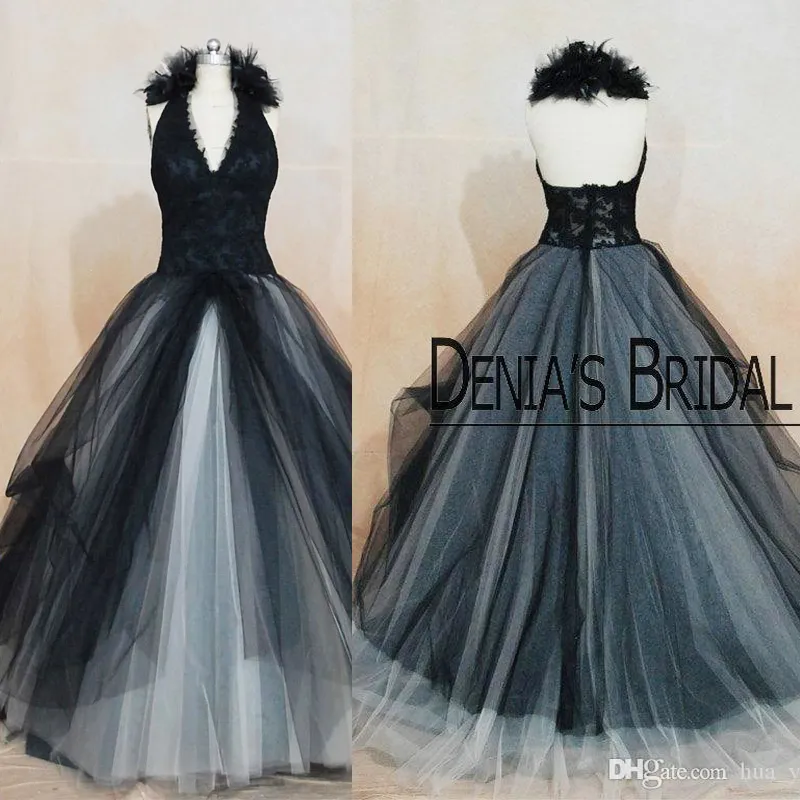 Vintage Black Wedding Dresses Angelina Julie Princess Halter Lace ...