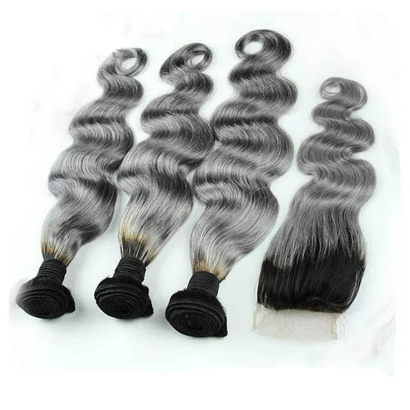 8A Grade Peruvian Grey Hair Weave med stängning Body Wave Två ton Ombre 1B Silver Grey Ombre Mänskliga Hårbuntar och Snörningar