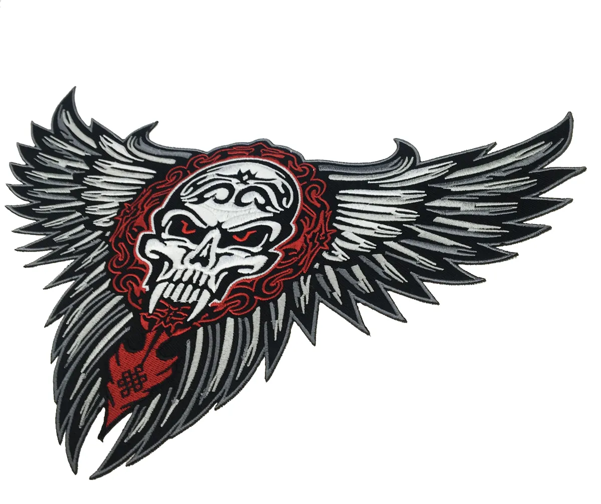 Gratis frakt Stor Skull Wings Tribal Tattoo Biker Jackor Rider Vest Embroidered Patch Iron on Sew On Jacke Brodery