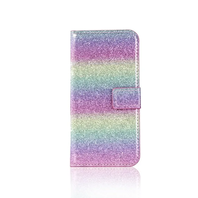 Custodia in pelle a portafoglio con glitter glitter Custodia carte con gradiente arcobaleno Custodia in pelle telefono iPhone Xs Max XR 8 7 6S Plus Samsung S10