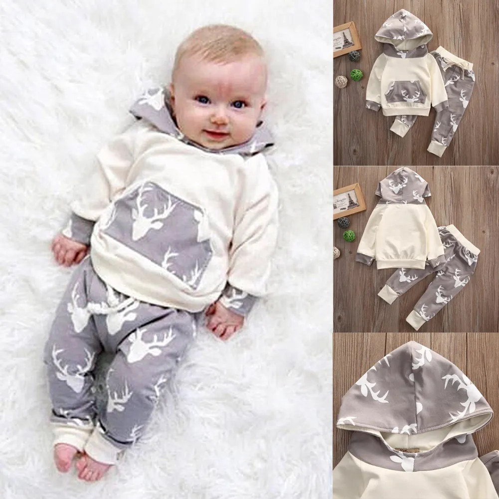 Upadek Jesień Noworodek Baby Boy Dziewczyny Ubrania Śliczne Boże Narodzenie Topy Deer Z Kapturem + Paski Długie Spodnie 2 Sztuk Outfit Odzież dziecięca Set