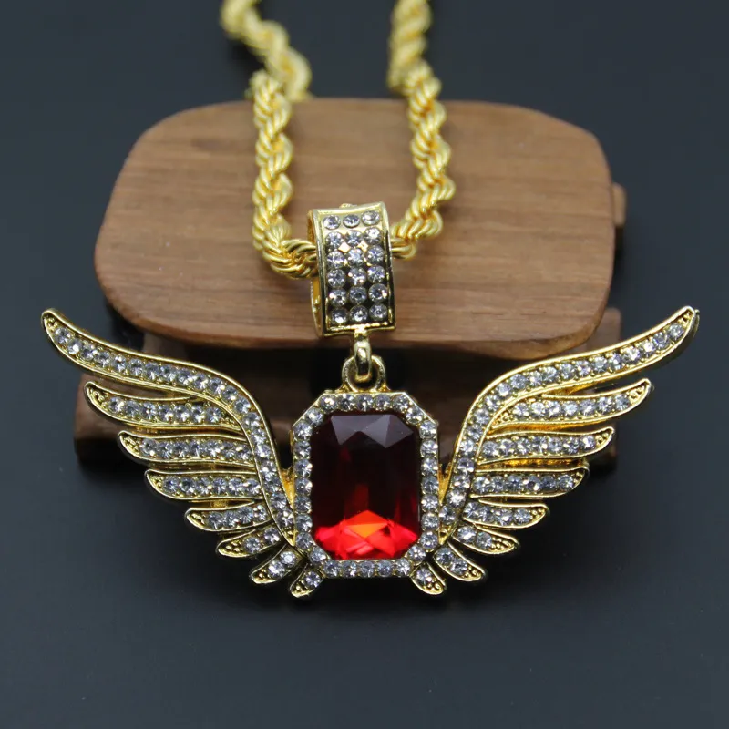 Collier avec pendentif ailes d'ange Hip Hop avec grande pierre rouge, 4.8x8cm, 5mm x 76cm, chaîne en corde, bijoux glacés pour hommes et femmes