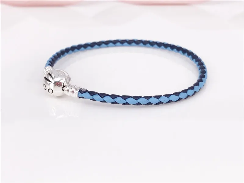 Authentic 925 Sterling Silver Moments Double Woven Leather Bracelet-Blue Mix & Pink Mix Pandora Style Jewelry 590747CBMX-D