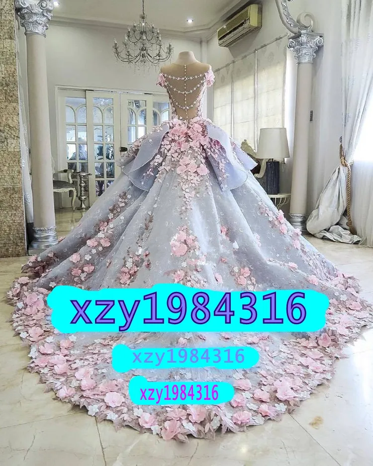 Fairy 3d-Floral Aplikacje Suknie ślubne Uroczy Przez Powrót Organza Sukienka Bridal 2017Fashion Custom Made Cathedral Train Sukienka ślubna