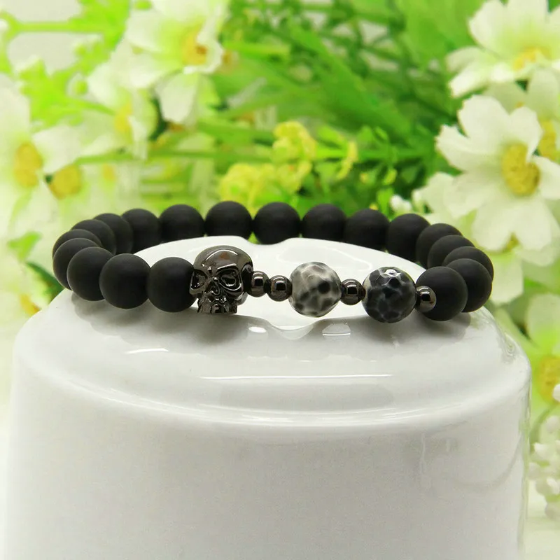 New Wholesale 8mm Matte Fire Agate Stone Beads With Four Colors Heart Skull Macrame Friendship Lovers Bracelets