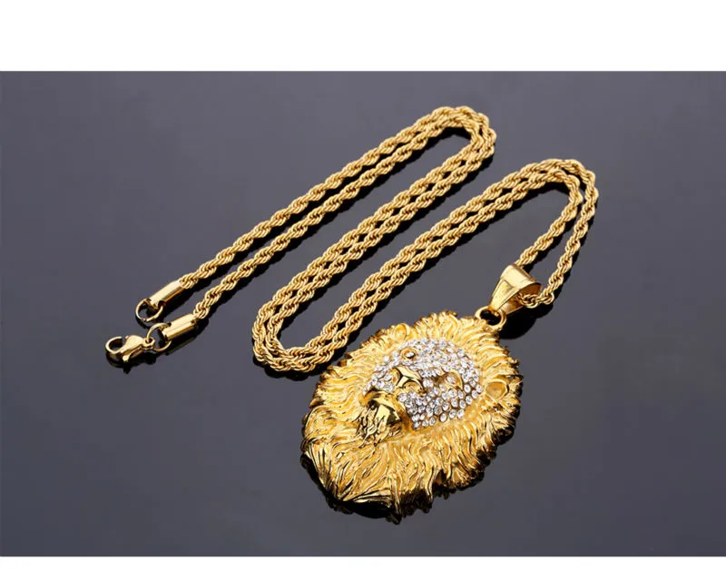 Mężczyźni dan prezent Lion głowica Naszyjnik stalowy stal nierdzewna Król Król Vintage Gold Pleated Men's Hip Hop Modna biżuteria