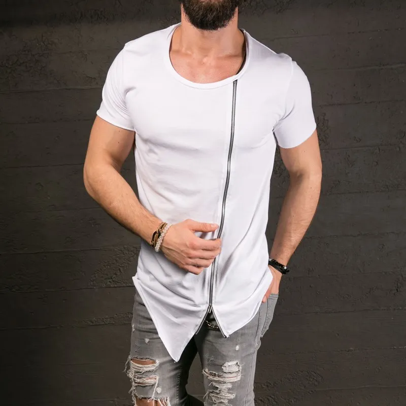 T-shirt in cotone Sfilata di moda da uomo T-shirt lunga elegante T-shirt asimmetrica con cerniera laterale con collo grande T-shirt a maniche corte maschile T-shirt hip-hop