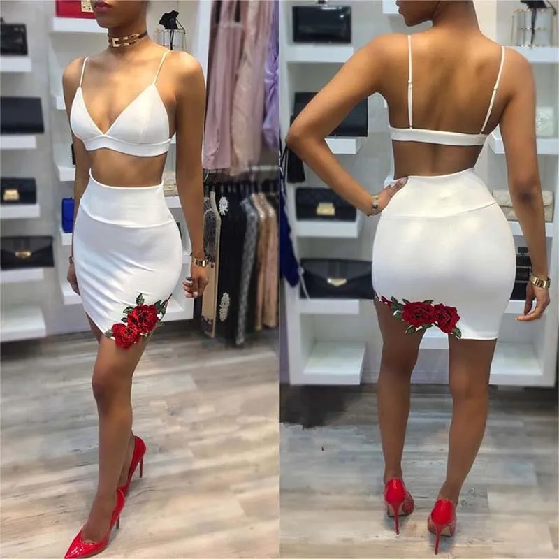 Witte Mode Sexy Tweedelige Jurk Spaghetti Strap Crop Top Bloem Borduurwerk Rok Dames Party Jurken Set